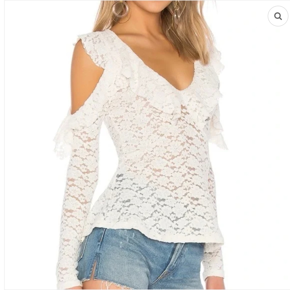 BCBGMaxAzria White Lace Cold-Shoulder Ruffle V-Neck Blouse